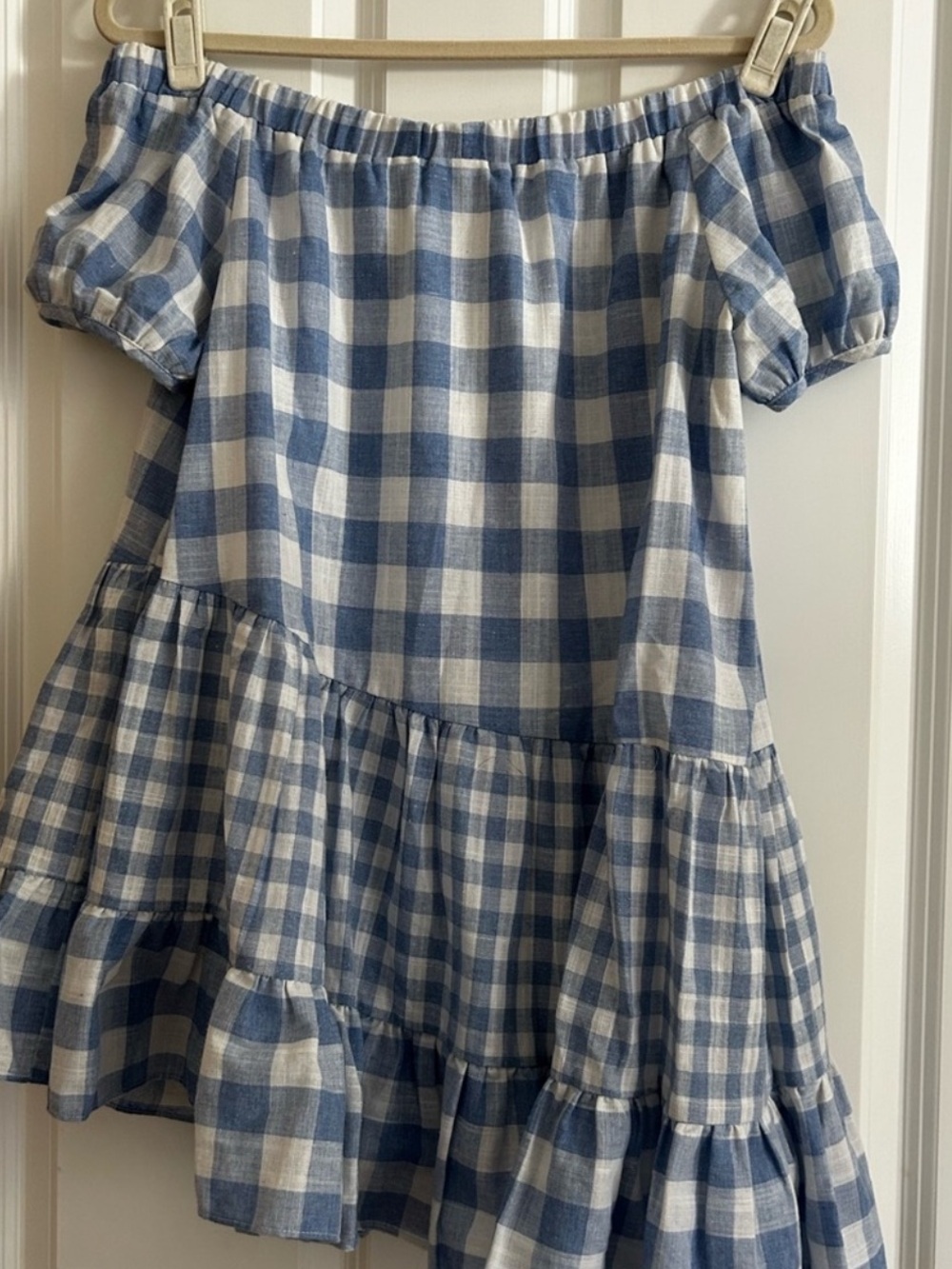 Sabo Skirt Blue and White Gingham Off-Shoulder Tiered Dress